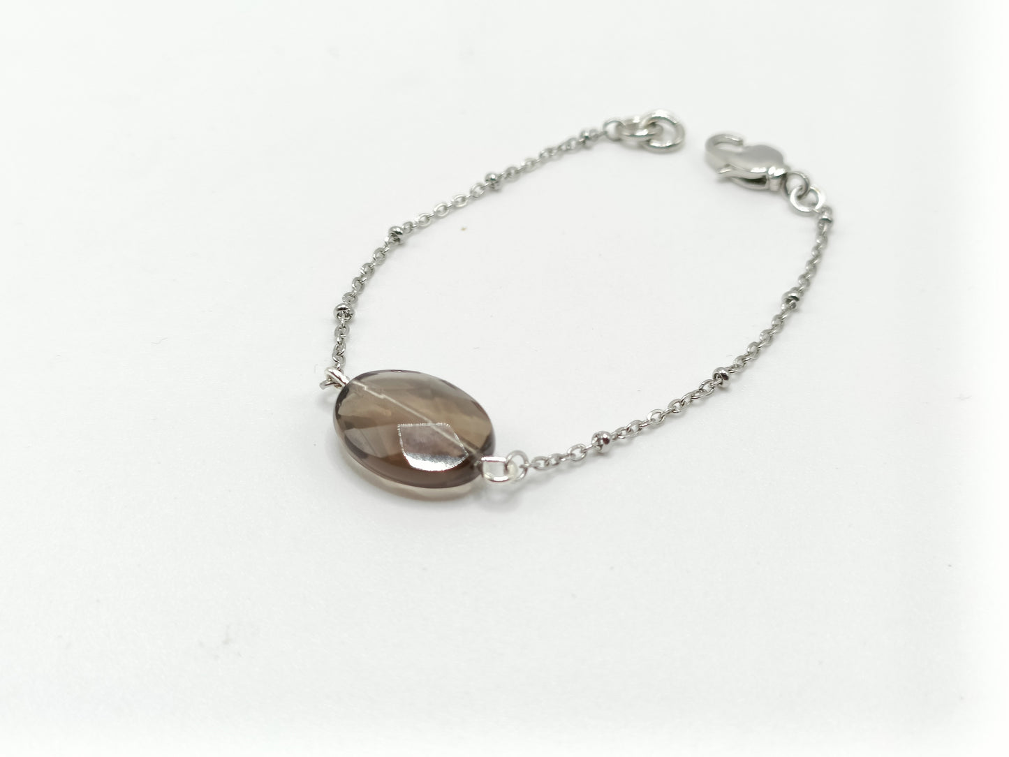 Bracelet argenté maile en acier inoxydable et quartz fumé facetté