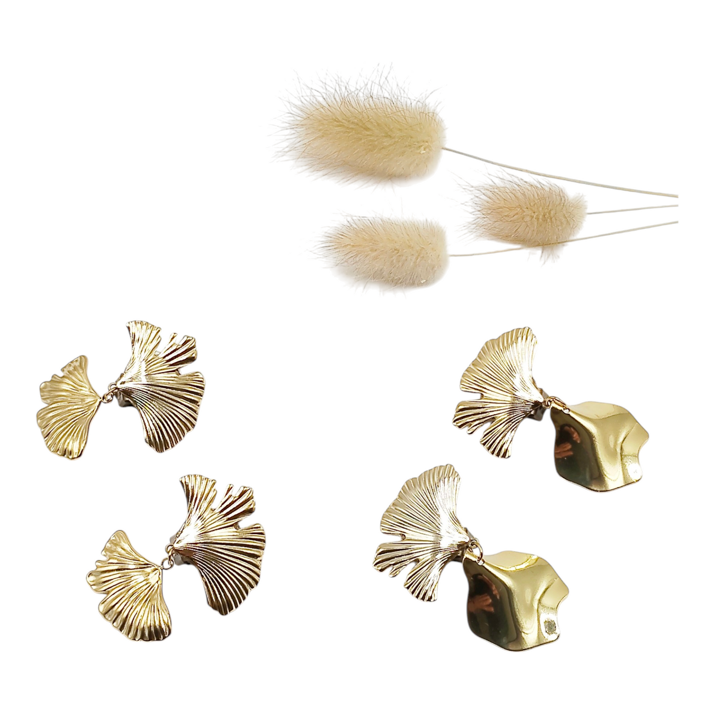 Césarine, les boucles d'oreilles clips Ginko et feuilles dorés or fin