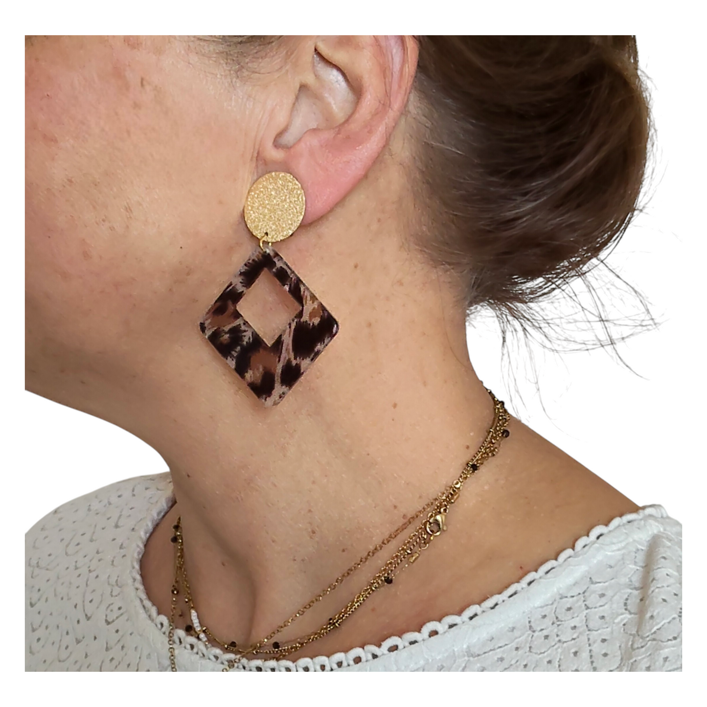 Marietta, les boucles d'oreilles clips léopard carré losange