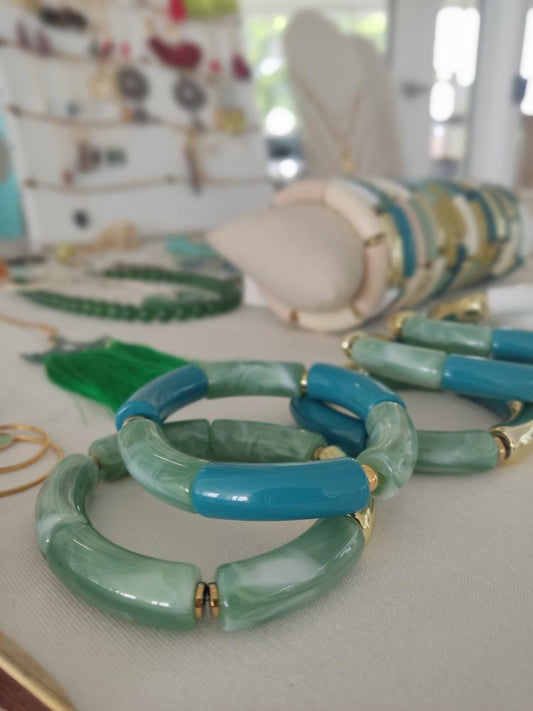 Bracelets tubes mode été 2023, bleu canard, verts, dorés avec rondelles hématite et perles en acier inoxydable