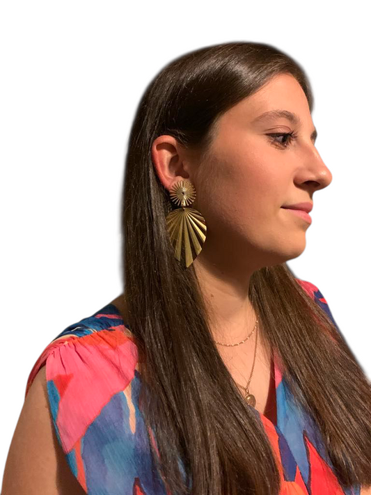 Augustine, les grandes boucles d'oreilles clips soleil et feuilles dorées or fin