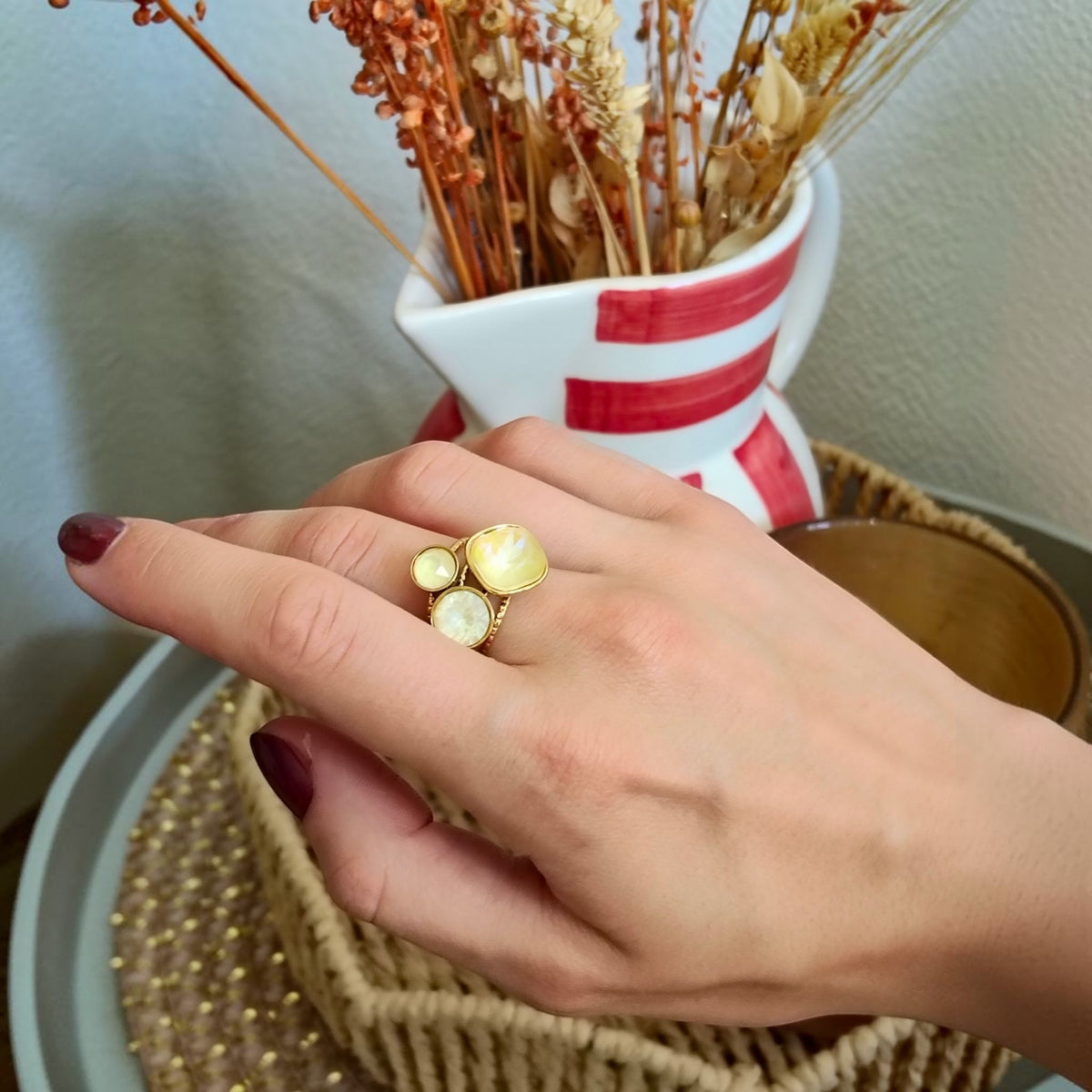 Bague dorée ajustable en acier inoxydable, verre facetté couleur citrine