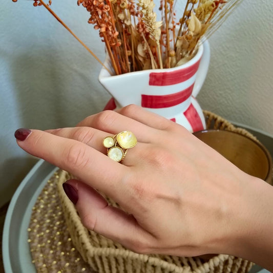 Bague dorée ajustable en acier inoxydable, verre facetté couleur citrine