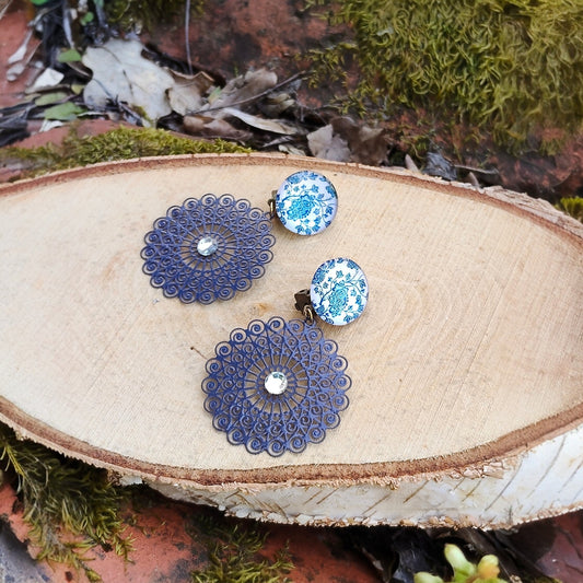 Boucles d'oreilles clips florales bleu marine