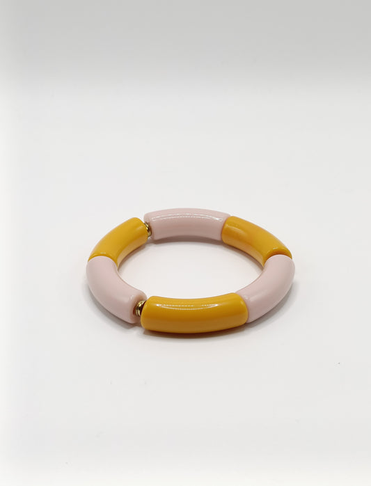 Bracelet tubes XL élastiqué, tubes acryliques moutarde et rose pâle parme
