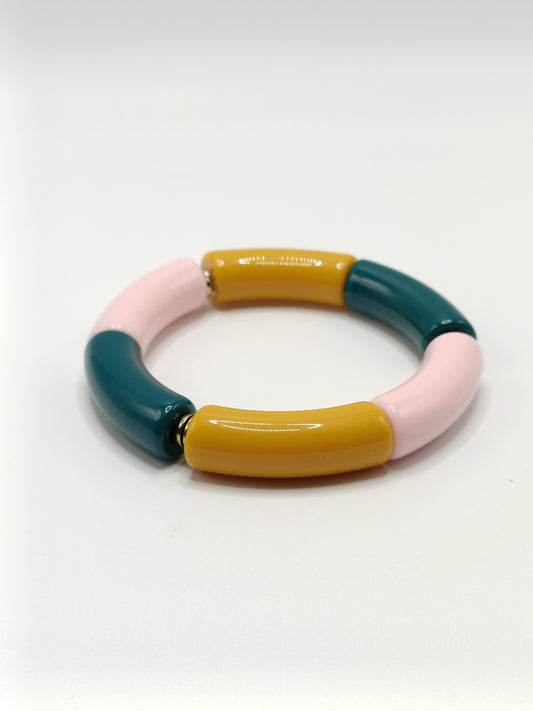 Bracelet tubes XL élastiqué bleu canard, rose et moutarde, rondelles dorées en hématite
