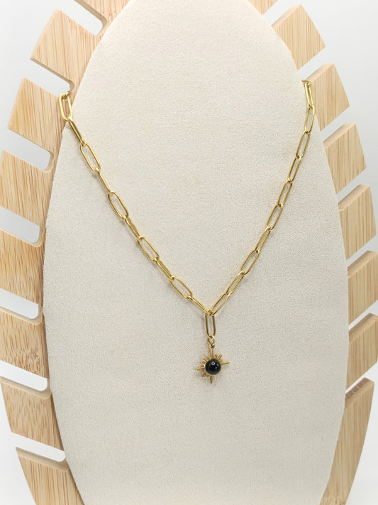 Collier court doré en acier inoxydable et howlite noire, forme soleil, 44 cm de long ou plus, sur demande