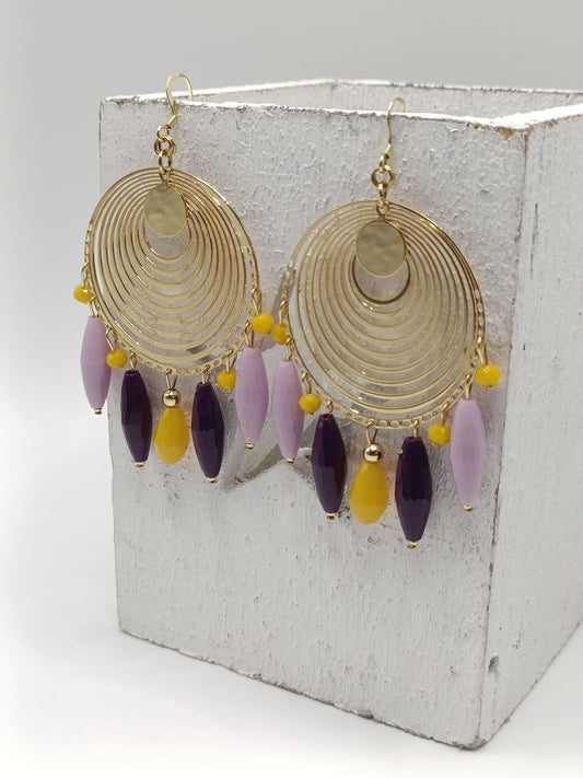 Grandes boucles d'oreilles dorées or fin, en percées ou clips, perles violettes, parme et jaune