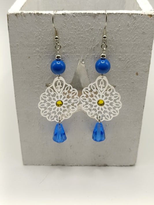 Les Simone, boucles d'oreilles argentées bleu vif et jaune