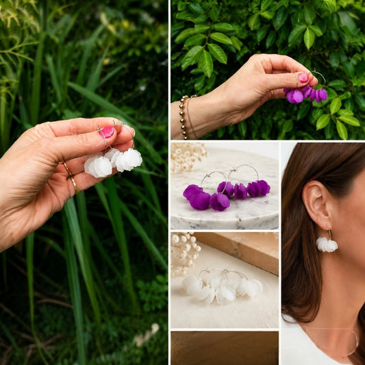 Lina, les créoles argentées en acier inoxydable et petits pétales blancs ou violets en acrylique, autres coloris sur demande