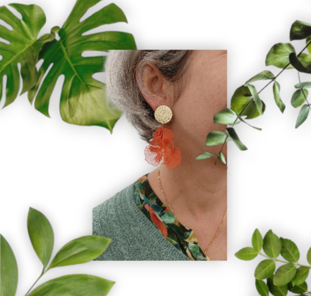 Orchidées, les grandes boucles d'oreilles clips fleurs oranges