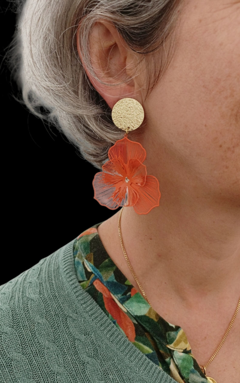 Orchidées, les boucles d'oreilles clips oranges
