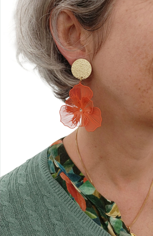 Orchidées, les grandes boucles d'oreilles clips fleurs oranges