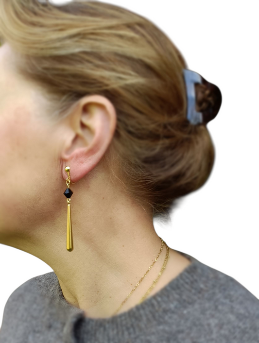 Sabine, les longues boucles d'oreilles gouttes dorées or fin et noires