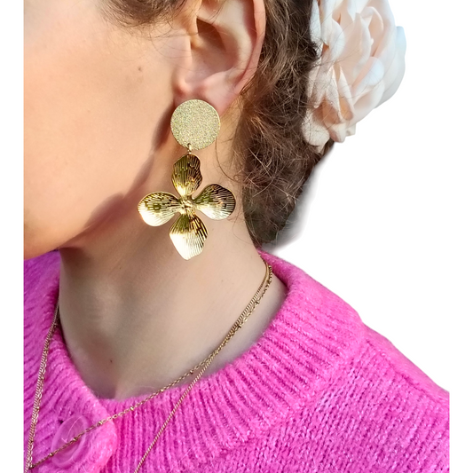 Vivienne, les grnades boucles d'oreilels clips fleurs striées dorées or  fin