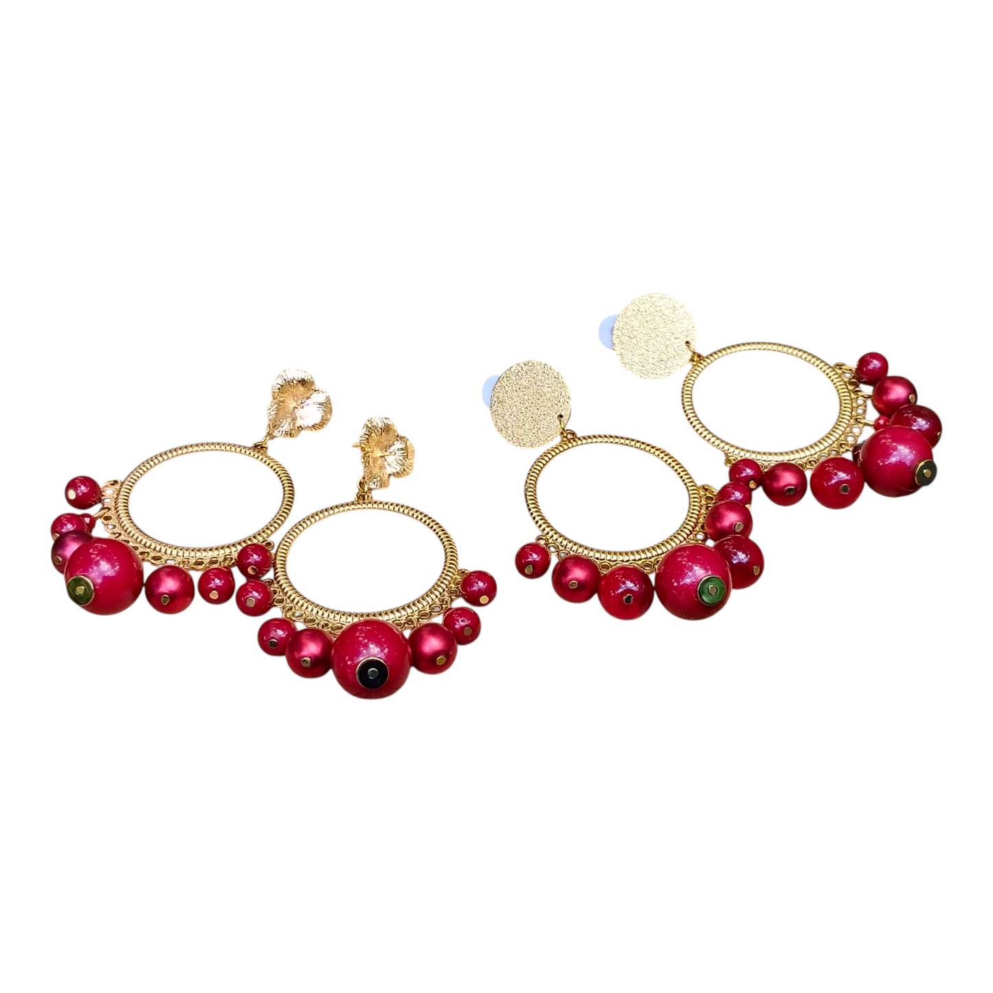 Ysambre, les grandes boucles d'oreilles rouges  et or, puces dorées or fin